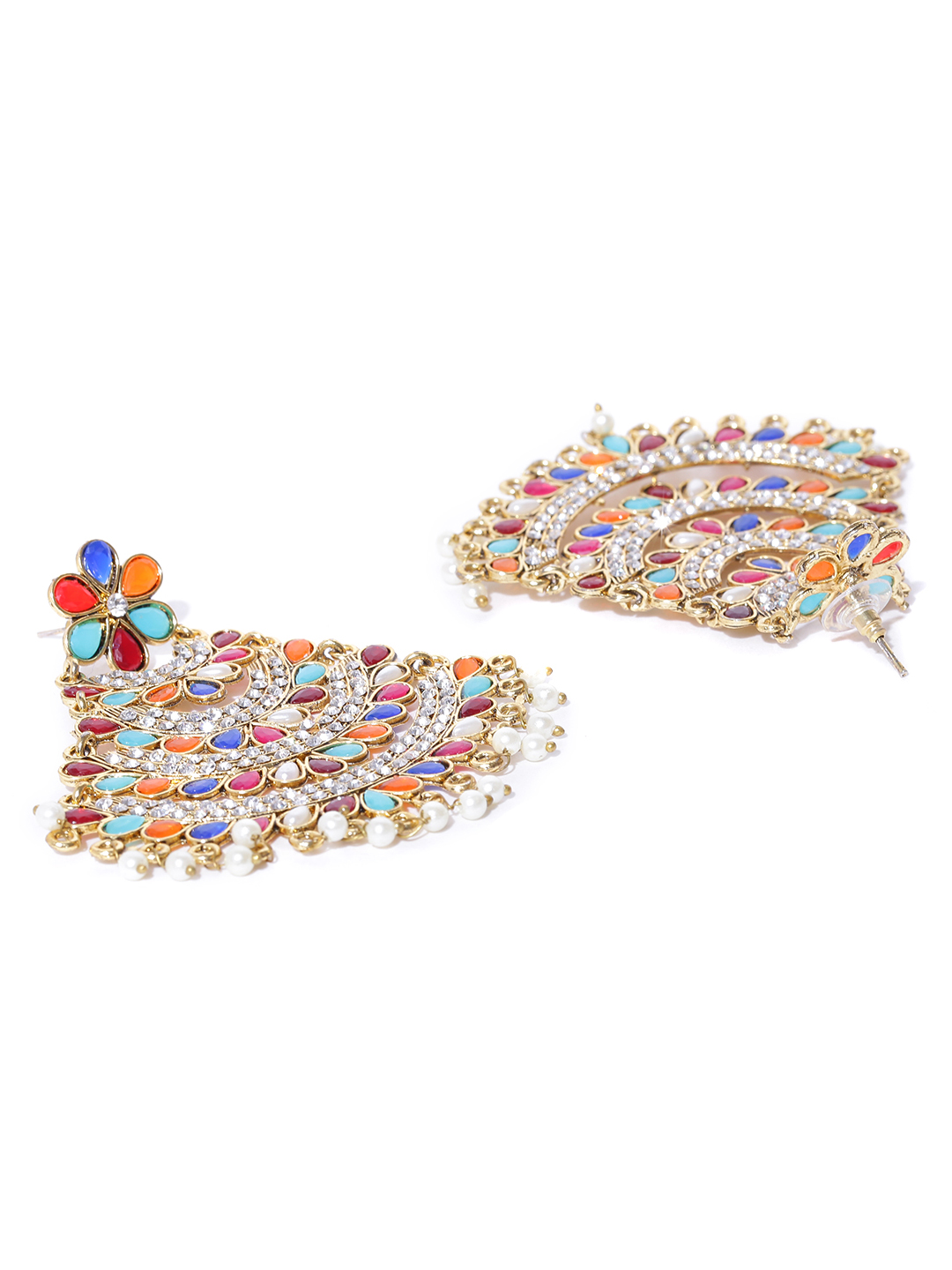YouBella Multicoloured Gold-Plated Stone-Studded Beaded Chandbalis